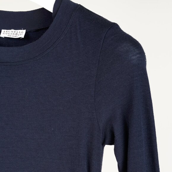 Brunello Cucinelli Navy Wool Ruched Long-Sleeve Bubble Hem Knit Dress - Picture 4 of 12